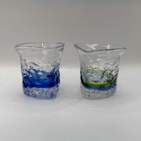 Ryukyu HandBlown Pair Clear Blue Green Swirl Glasses - Picture 1 of 10